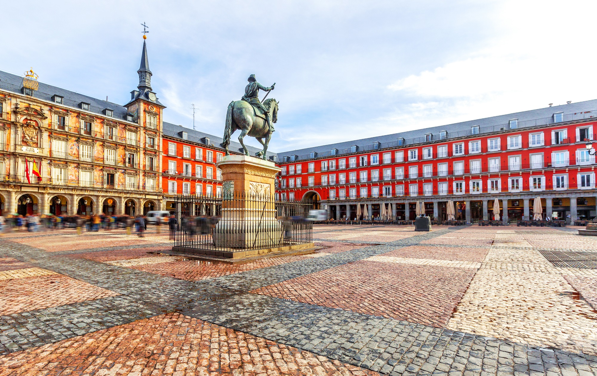 Plaza Mayor with statue of King Philips III in Madrid, Spain.